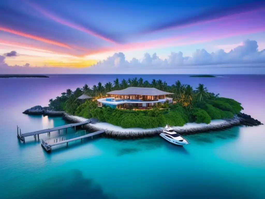 Mansión de lujo en isla privada al atardecer Invertir en isla privada mercado: Una isla privada de lujo al atardecer, con una mansión elegante, ventanales al mar turquesa y un yate en el muelle