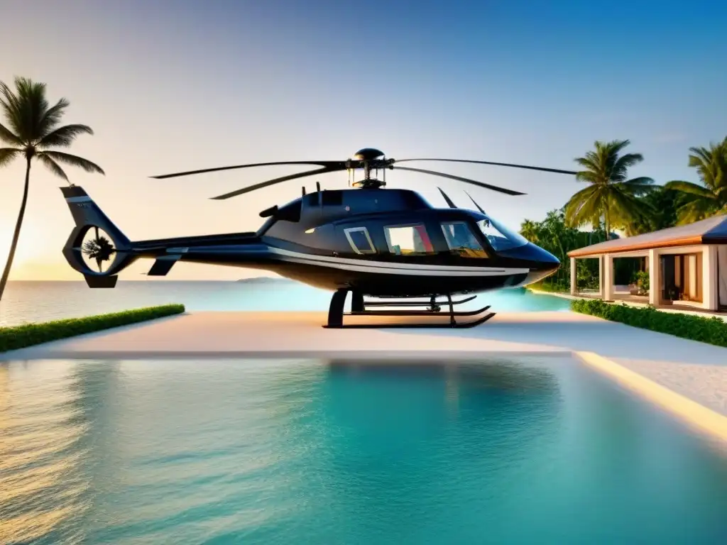 Paraíso privado de lujo con villa de diseño y vistas impresionantes Invertir en isla privada mercado: Villa moderna de lujo con helipuerto, yate y playa tropical al atardecer