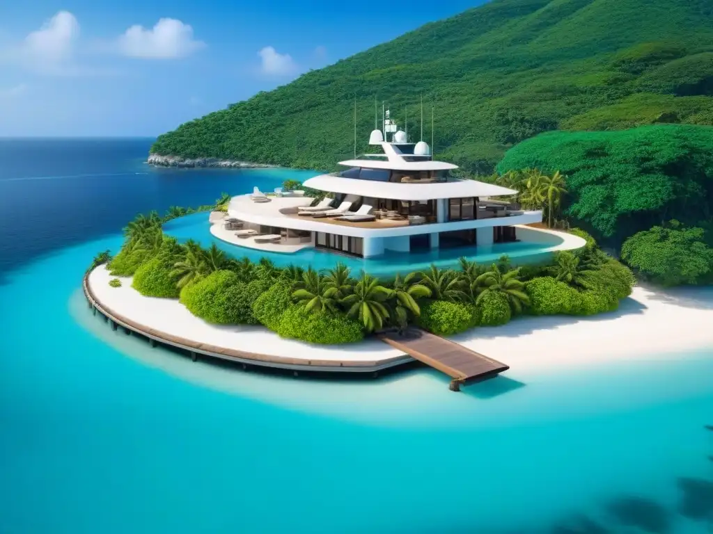 Paraíso exclusivo: lujosa isla privada con villa moderna y helipuerto Invertir en isla privada mercado: Vista aérea de una isla privada de lujo con villa moderna, piscina infinita y helipuerto, rodeada de aguas turquesas