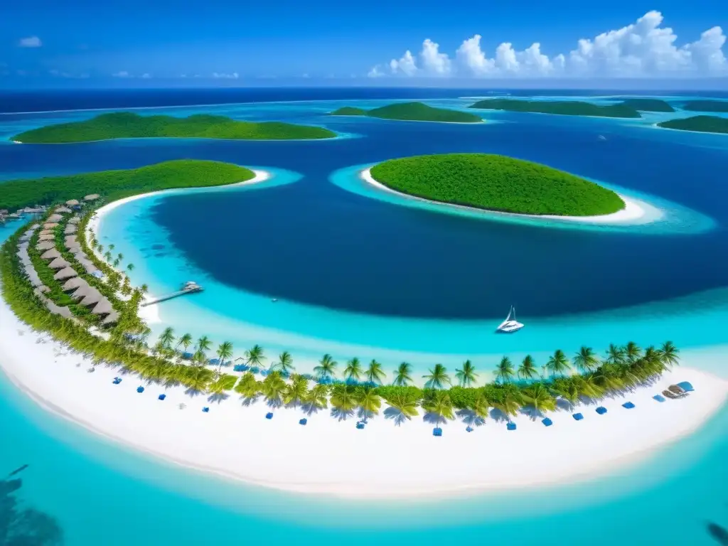 Paraíso exclusivo: Isla privada de lujo en aguas turquesas Invierte en isla privada mercado: vista aérea de isla tropical exclusiva con villas de lujo, playa de arena blanca y yate en marina