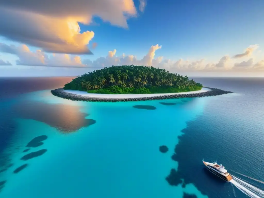Isla privada de lujo al atardecer: exclusividad y opulencia Invertir en isla privada mercado: Mansión moderna rodeada de aguas turquesa en isla exclusiva al atardecer