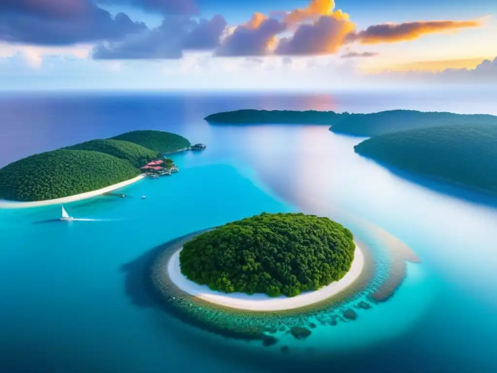 Paraíso privado: isla exclusiva al atardecer Una isla privada paradisíaca rodeada de aguas turquesas, villas de lujo, un yate y una puesta de sol