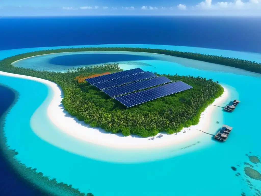 Paraíso sustentable: isla ecológica con energía renovable y arquitectura moderna integrada en la naturaleza Una isla privada sostenible con paneles solares, turbinas eólicas, jardines orgánicos y casas ecoamigables