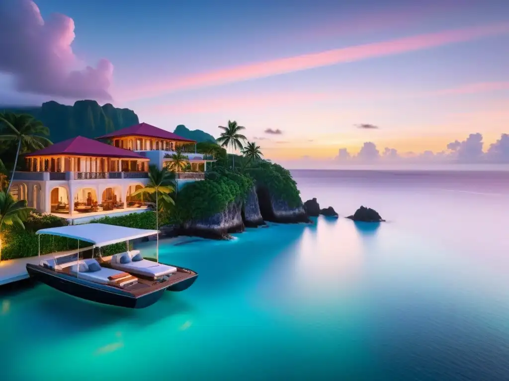 Paraíso exclusivo: isla privada de lujo al atardecer Invierte en isla privada: Una villa moderna, piscina infinita, jardines tropicales y yate en un atardecer exclusivo