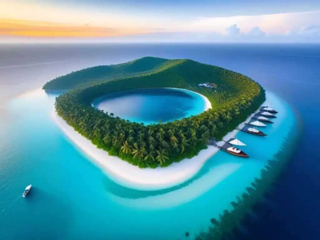 Paraíso privado: isla de lujo con villas elegantes y aguas cristalinas Vive en una isla privada con villas lujosas, aguas turquesas y un atardecer dorado