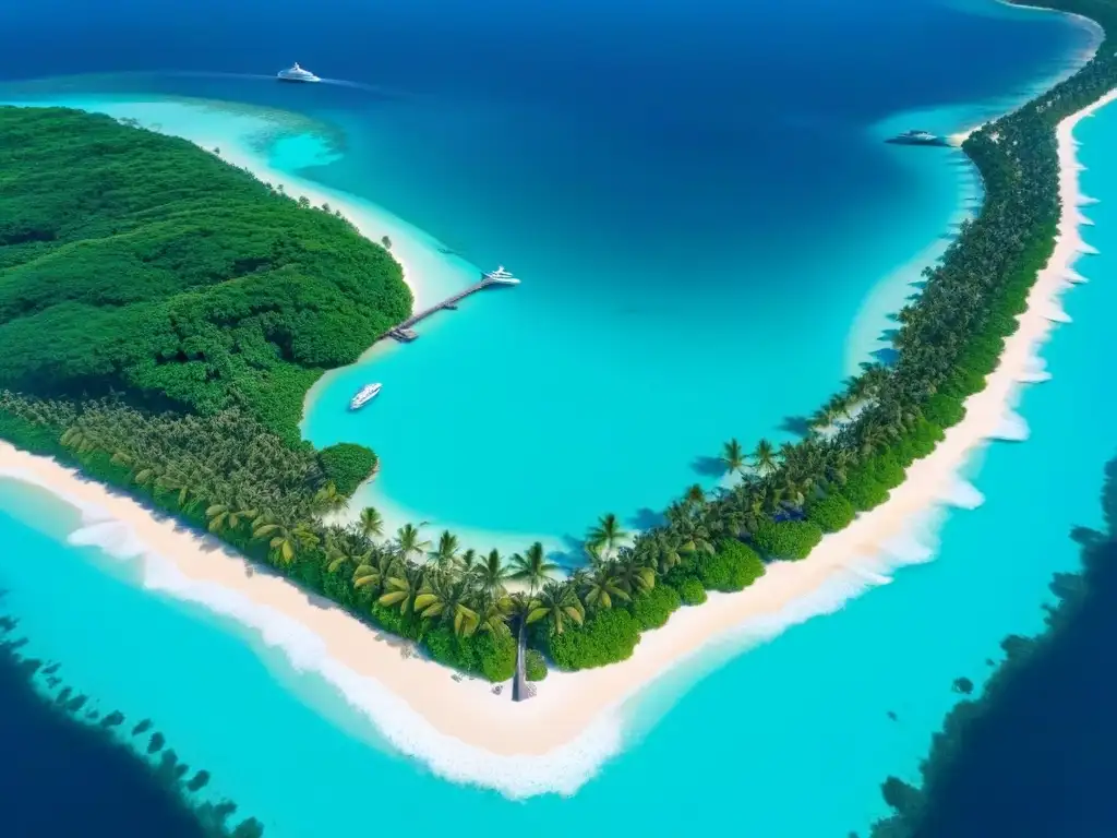Paraíso tropical privado: isla de lujo con villas y yate privado Invertir en isla privada: Vista aérea detallada de lujosa isla tropical con villas, yate y playas blancas