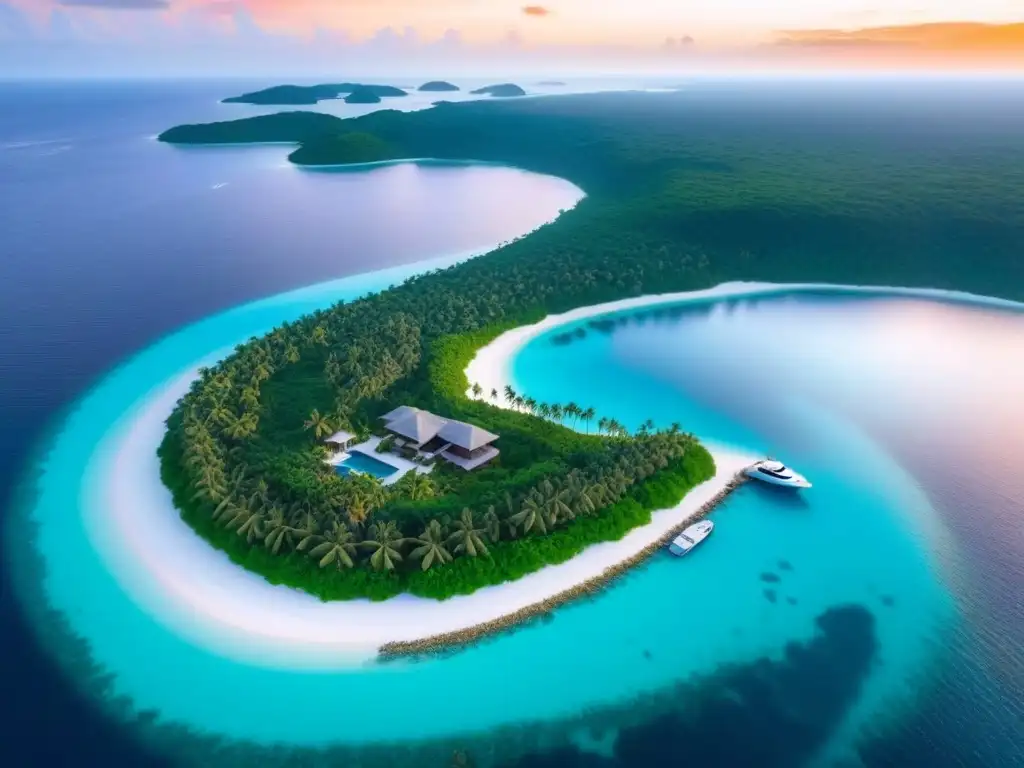Paraíso privado de lujo: isla exclusiva con villas, playa y yate Inversión en islas privadas internacionales: Exclusivo paraíso con villas de lujo, playa de arena blanca y yate privado al atardecer
