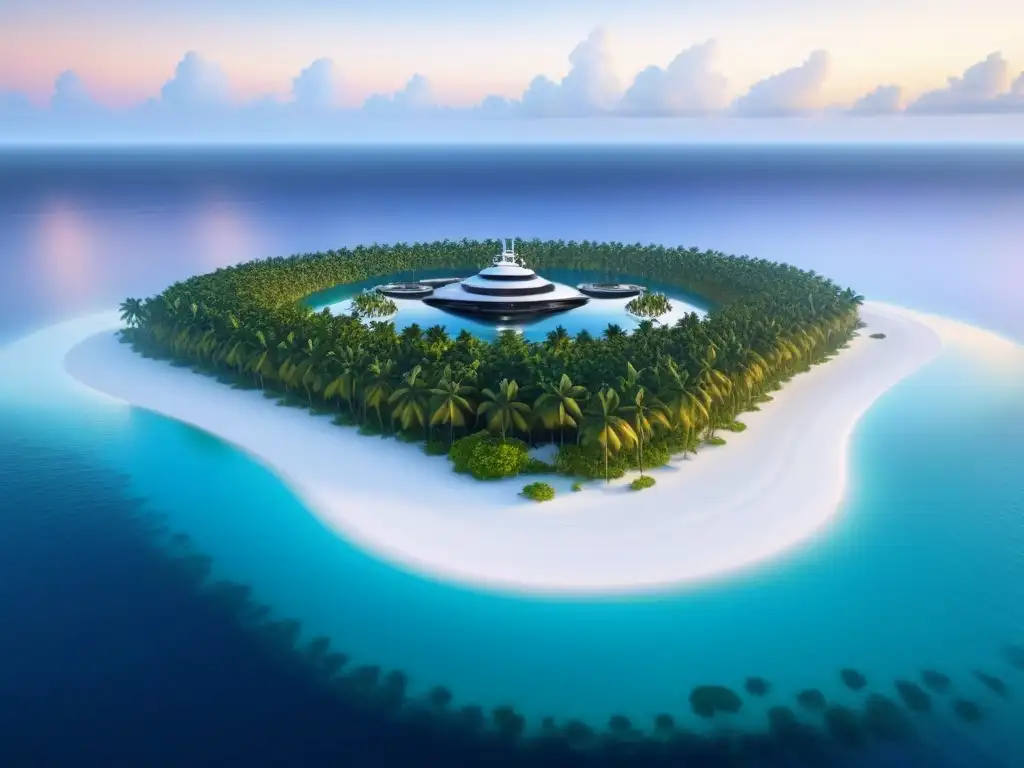 Paraíso privado futurista: lujo sostenible en isla exclusiva Inversión en islas privadas internacionales: Escena lujosa de resort futurista en isla privada con arquitectura sostenible integrada con la naturaleza