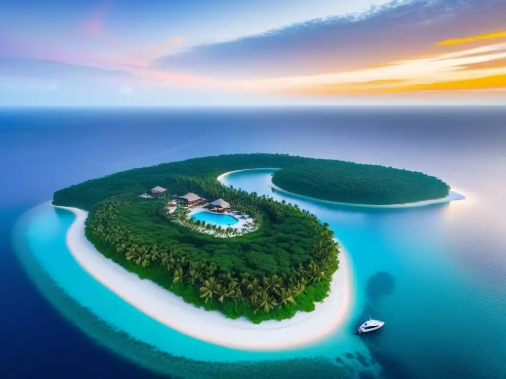 Paraíso privado de lujo: isla exclusiva con villas y yate Inversión en islas privadas internacionales: Oasis exclusivo con villas de lujo, aguas turquesas y yate anclado al atardecer