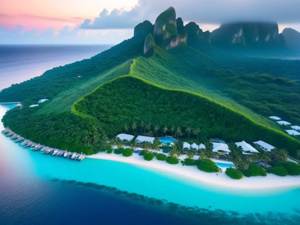 Paraísos Privados: Isla Exclusiva al Atardecer Inversión en islas privadas internacionales: Paraíso exclusivo con aguas turquesas, villas lujosas y yates en el atardecer dorado