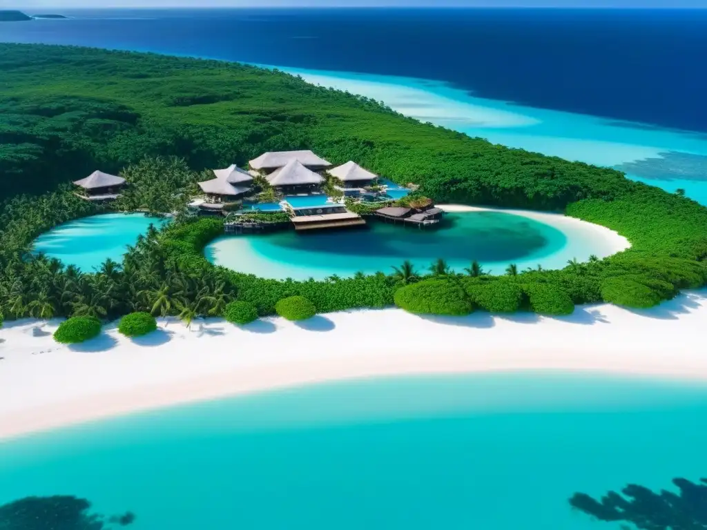Paraíso Privado: Isla de Lujo con Villas, Piscinas Infinity y Playa Inversión en islas privadas internacionales: vista aérea de isla exclusiva con villas, piscinas infinity y playa de arena blanca