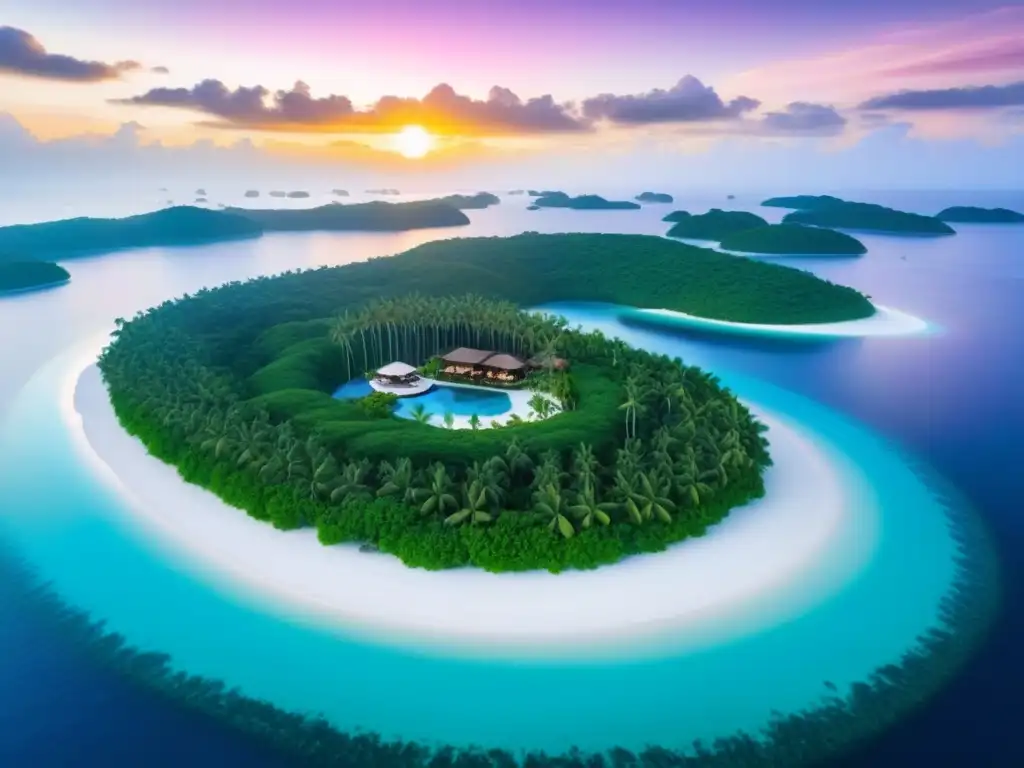 Oasis de lujo: isla privada paradisíaca al atardecer Inversión en islas privadas internacionales: Vista aérea de isla privada de lujo con aguas turquesas, playas blancas y villas exclusivas al atardecer