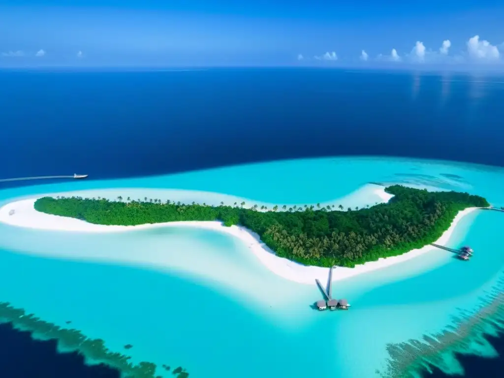 Paraíso privado en Maldivas: lujo y exclusividad Inversión en islas privadas internacionales: Vista aérea detallada de una isla privada de lujo en Maldivas, aguas turquesas y exuberante vegetación