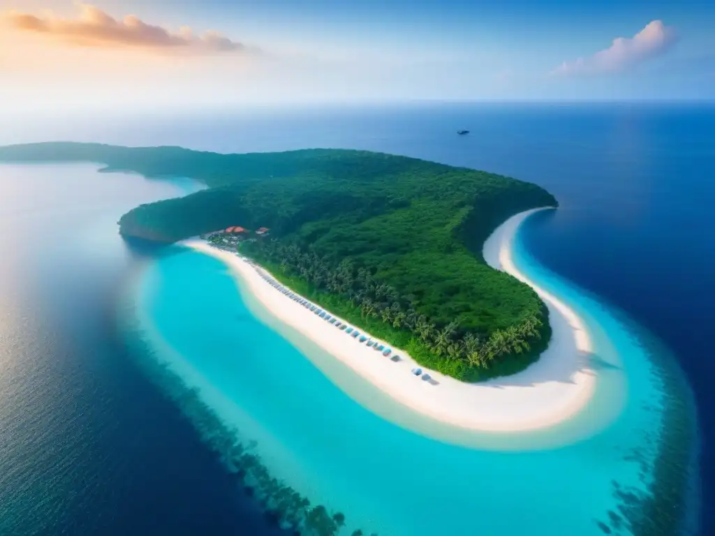 Exclusiva isla privada: lujo y opulencia aérea en aguas turquesas Inversión en islas privadas internacionales: Vista aérea de una isla privada con aguas turquesas y lujosas villas con piscinas infinity