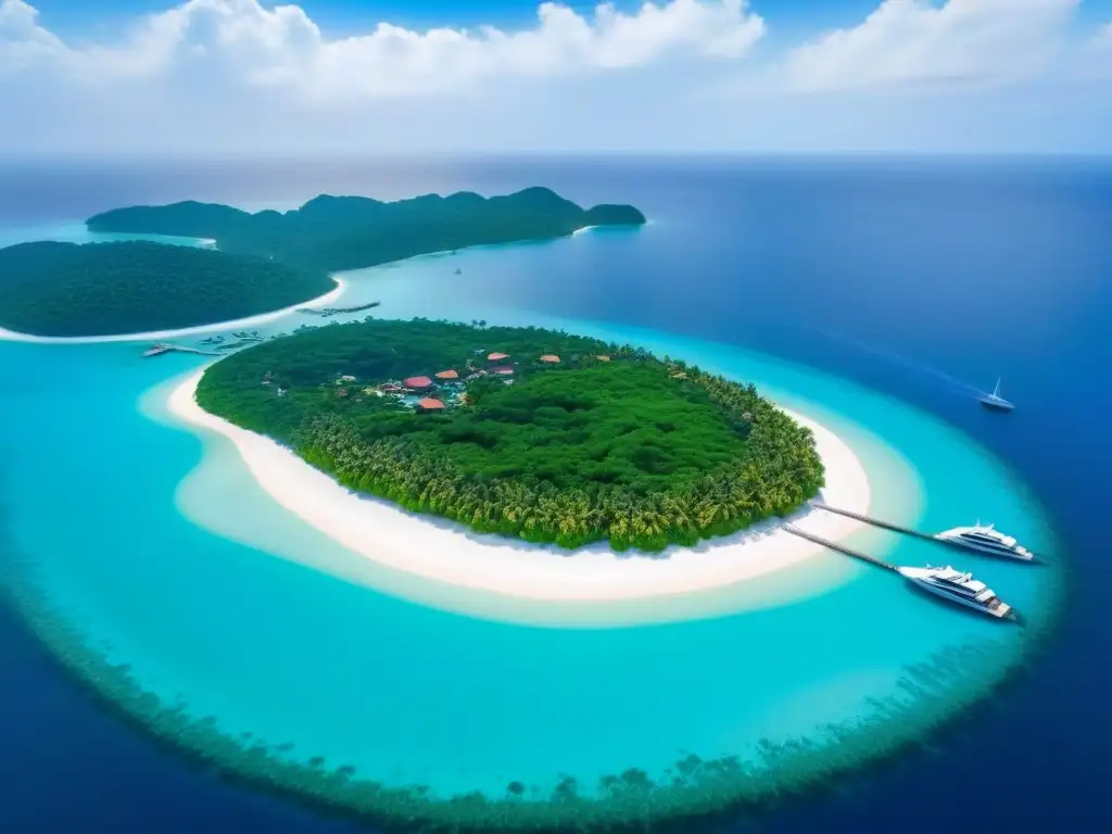Paraísos privados: isla exclusiva de lujo y opulencia Inversión en islas privadas: Vista aérea de una isla exclusiva rodeada de aguas turquesas, playas de arena blanca y lujosas villas