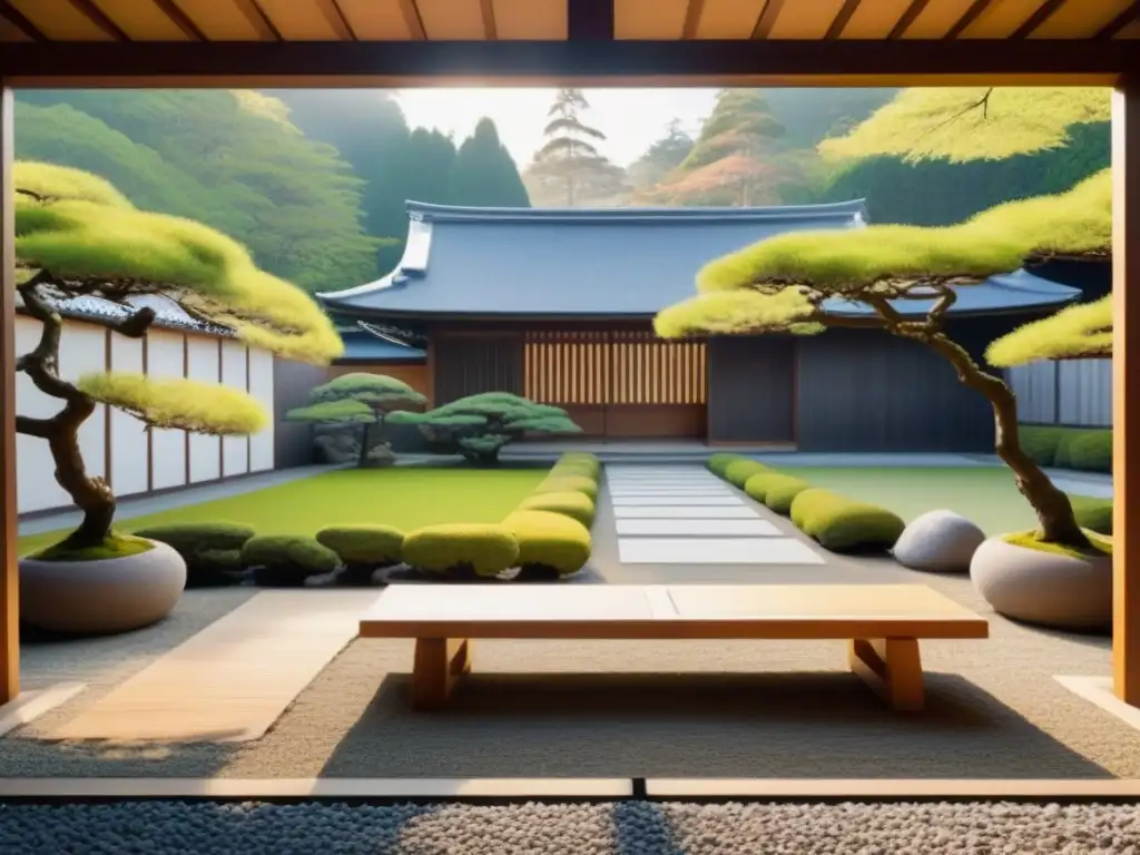Jardín japonés sereno con bonsái central y arquitectura minimalista Un jardín japonés sereno con diseño minimalista, bonsái en el centro, rodeado de bancos de madera y faroles