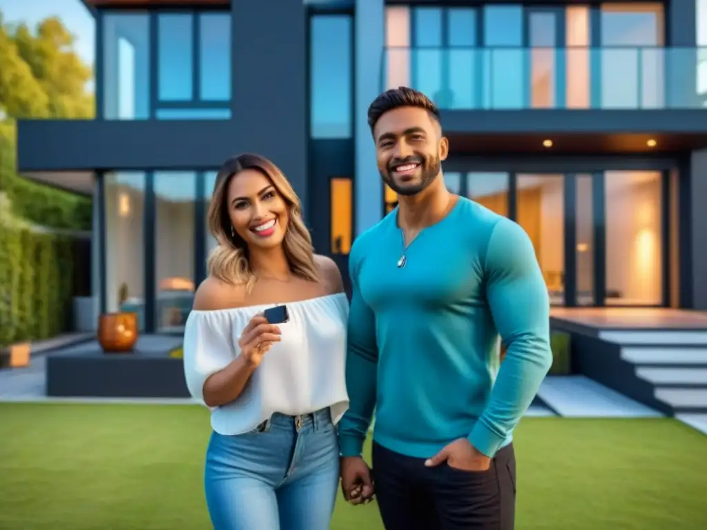 Jóvenes felices con llaves de su moderna casa Una joven pareja feliz recibe las llaves de su primera casa moderna, en un vecindario vibrante