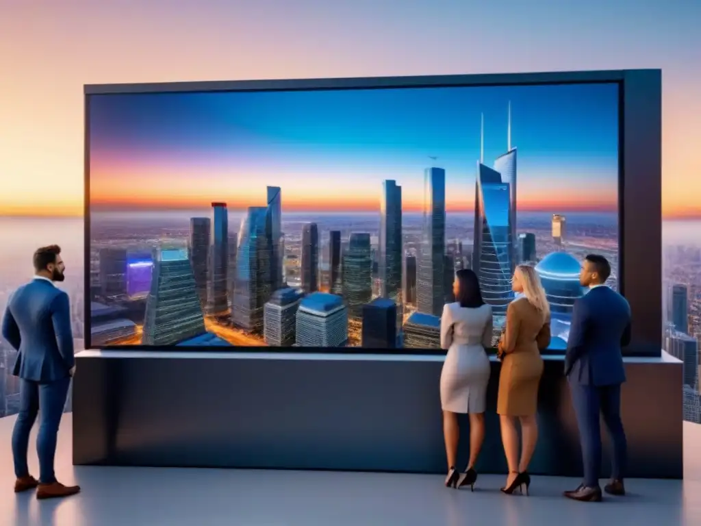 Inversión inmobiliaria futurista para millennials profesionales Jóvenes millennials se reúnen alrededor de un display holográfico futurista con opciones de crowdfunding inmobiliario