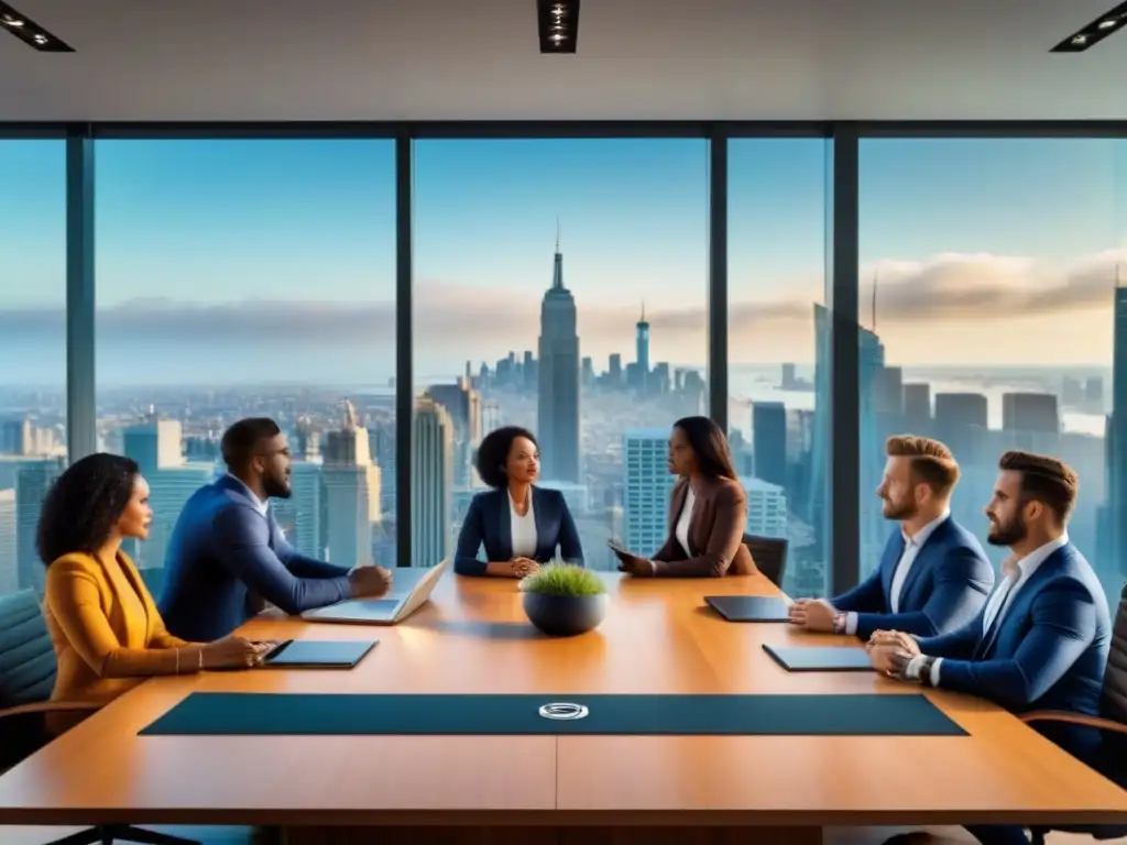 Jóvenes profesionales debaten estrategias inmobiliarias en moderno despacho Jóvenes diversificados discuten estrategias de inversión inmobiliaria en moderna sala de juntas