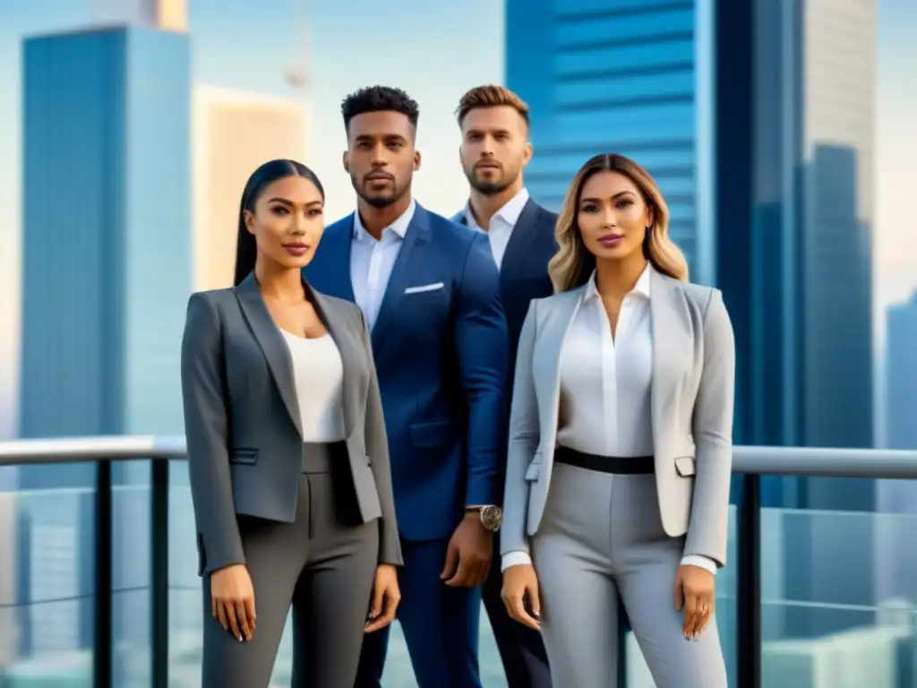 Jóvenes emprendedores exitosos construyendo imperio inmobiliario en ciudad futurista