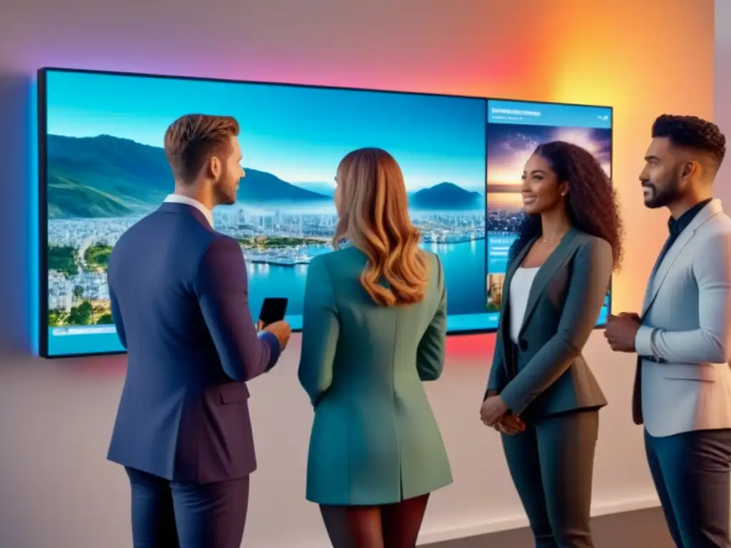 Inversión inmobiliaria moderna: Millennials analizan oportunidades de crowdfunding en holograma Jóvenes Millennials entusiastas analizan oportunidades de crowdfunding inmobiliario