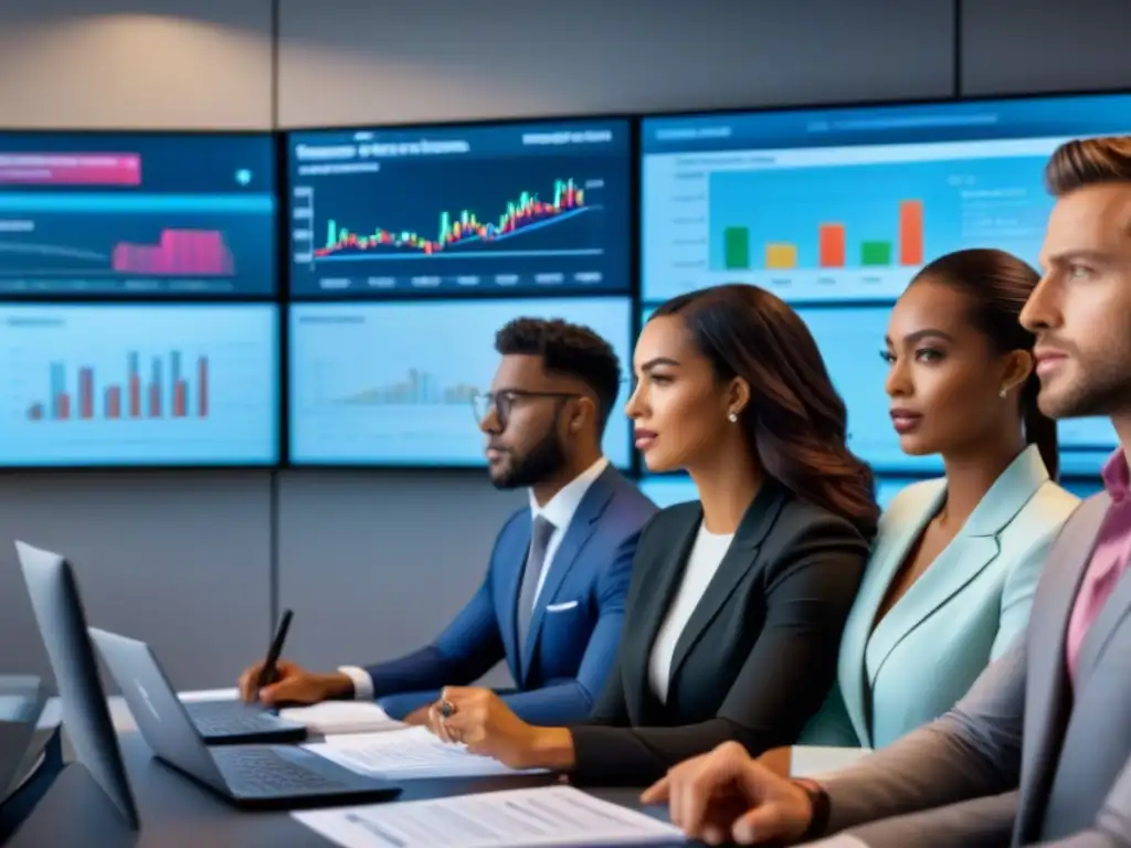 Inversionistas jóvenes analizando gráficos financieros en aula moderna Jóvenes inversores estudian gráficos financieros en aula universitaria moderna