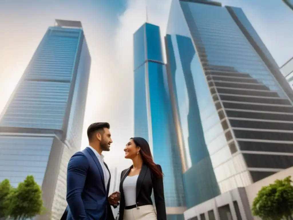 Jóvenes inversores en metrópolis: estrategias de inversión inmobiliaria Jóvenes pareja y agente inmobiliario frente a rascacielos, hablando de retornos de inversión en inmobiliario