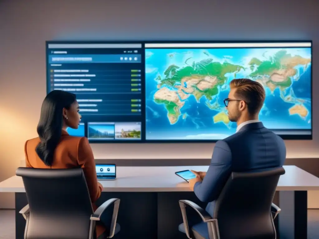 Profesionales globales exploran propiedades en pantalla futurista Jóvenes profesionales de distintas culturas, reunidos alrededor de una pantalla digital futurista mostrando propiedades inmobiliarias de todo el mundo