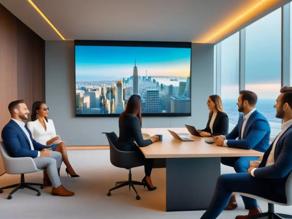 Inversión inmobiliaria internacional: jóvenes profesionales en acción Jóvenes profesionales debaten estrategias de inversión inmobiliaria internacional en oficina moderna