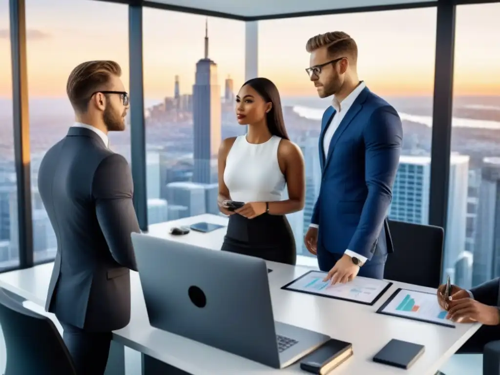Jóvenes profesionales innovando juntos en inversión inmobiliaria Jóvenes profesionales debatiendo estrategias de inversión inmobiliaria, reflejando preferencias generacionales e innovación en la ciudad