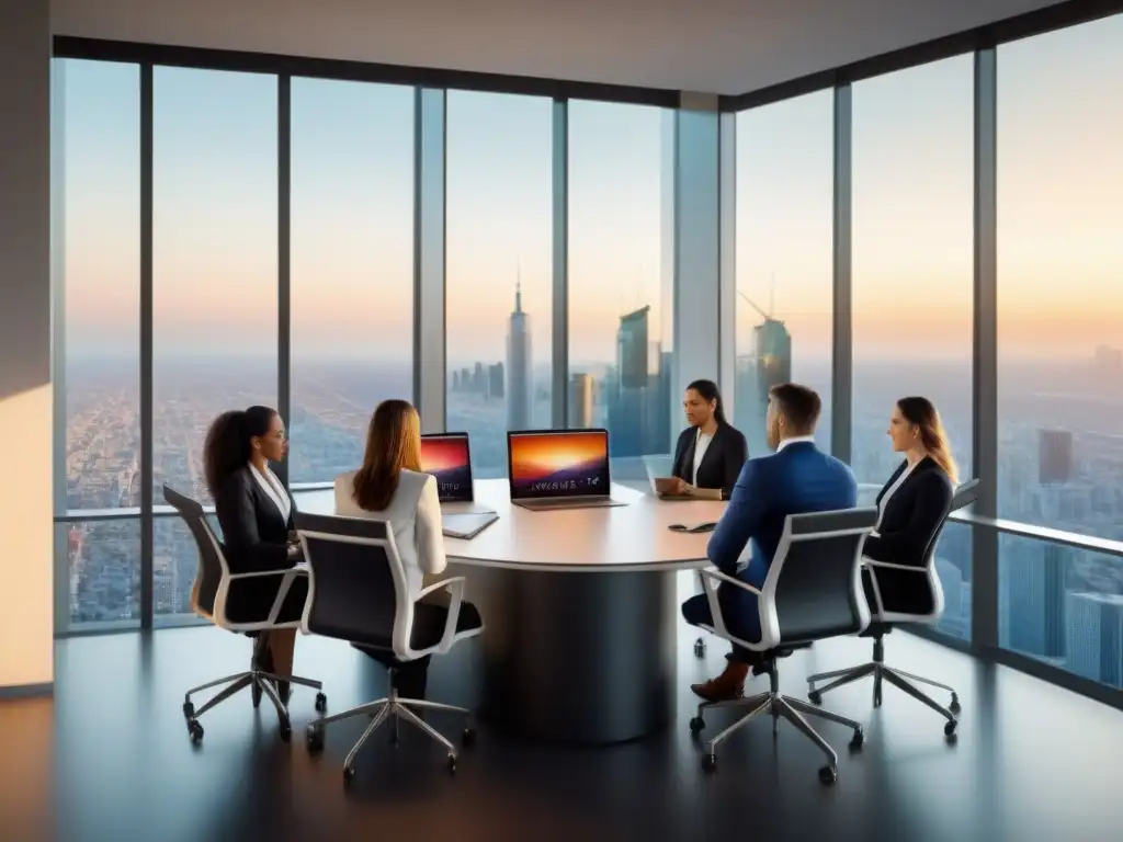 Profesionales globales en reunión estratégica de inversión inmobiliaria Jóvenes profesionales de diversas etnias discuten estrategias de inversión inmobiliaria internacional para principiantes en una oficina moderna con vista a la ciudad global