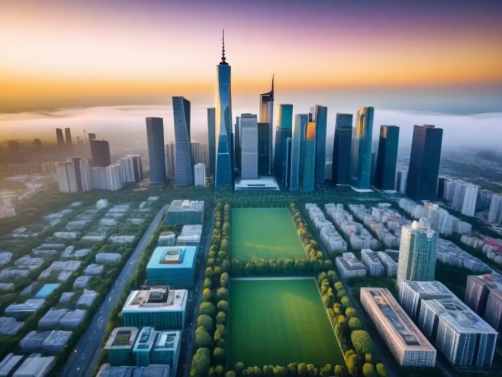 Inversiones inmobiliarias globales: ciudad moderna y vibrante al atardecer Jóvenes profesionales en evento de networking en rascacielos de ciudad al atardecer