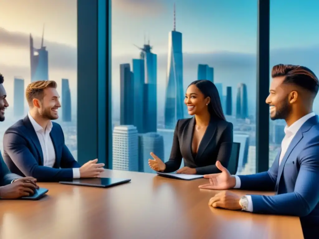 Inversión inmobiliaria global: millennials en sala futurista Jóvenes profesionales discuten inversiones inmobiliarias internacionales en moderna sala de reuniones con vista a la ciudad