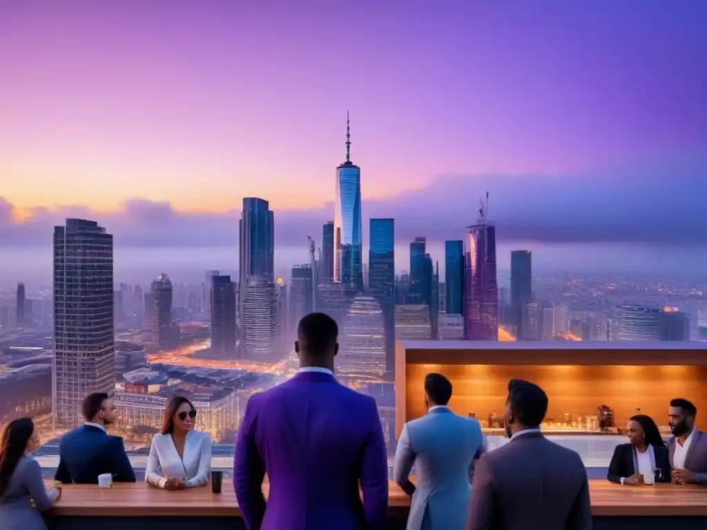Skyline urbano al atardecer: Millenials en metrópolis vibrante Jóvenes profesionales Millennial en ajetreado skyline al crepúsculo, reflejando energía del mercado inmobiliario internacional