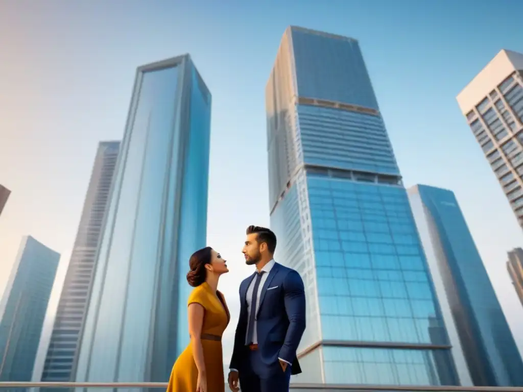 Jóvenes profesionales en ascenso: Reto inmobiliario Jóvenes profesionales admirando un moderno edificio, listos para invertir en el mercado inmobiliario para millennials