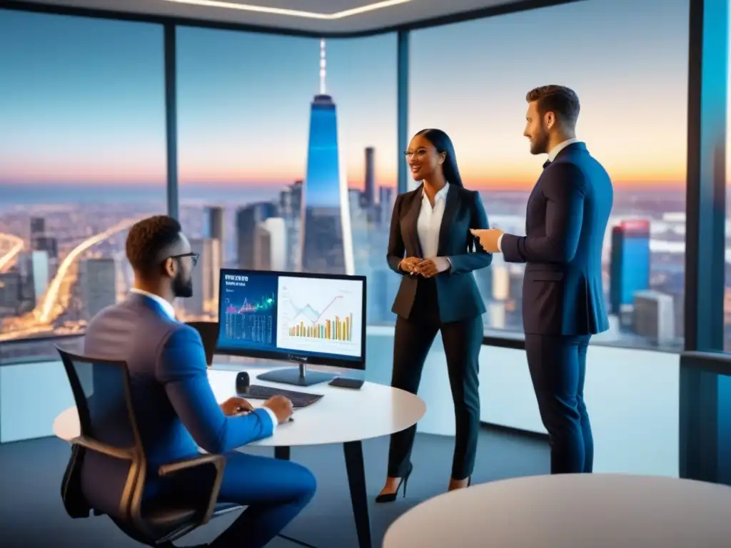 Jóvenes profesionales debaten estrategias de inversión inmobiliaria internacional en oficina moderna Jóvenes profesionales en oficina moderna discuten estrategias de inversión inmobiliaria internacional