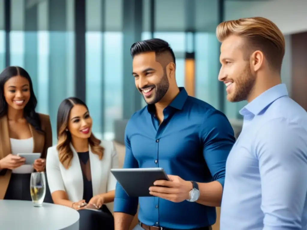 Equipo joven discute proyectos de crowdfunding inmobiliario Jóvenes profesionales discuten proyectos de crowdfunding inmobiliario en una oficina moderna, destacando la importancia de las redes sociales