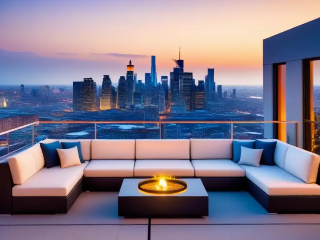 Terraza de lujo con jóvenes disfrutando la ciudad al atardecer Jóvenes disfrutan de una terraza de lujo al atardecer con vista a la ciudad