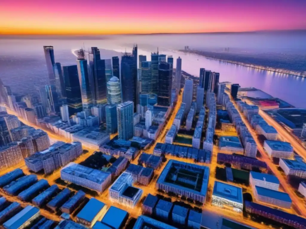 Horizonte urbano al atardecer: luces y sombras de la ciudad moderna Descubre las joyas ocultas del mercado inmobiliario en una ciudad vibrante al anochecer