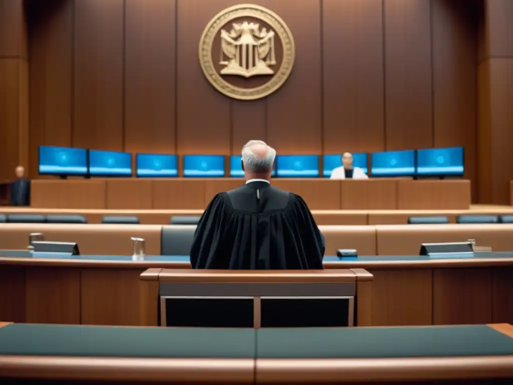 Escena de tribunal futurista: juez, abogados y leyes internacionales Un juez en una sala de tribunal futurista, rodeado de abogados