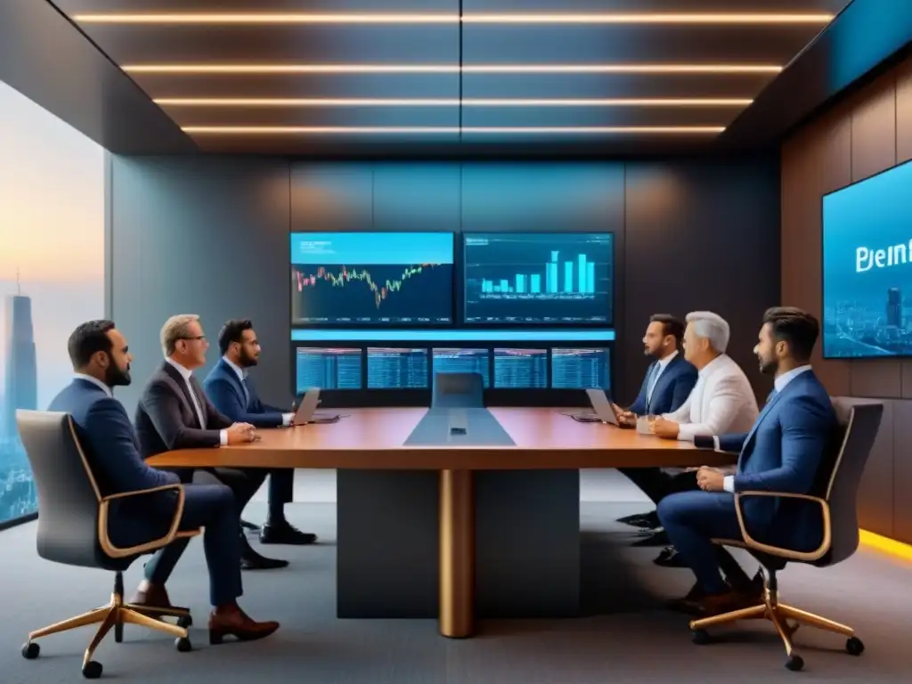Reunión de inversores internacionales en sala de juntas moderna Una junta de inversores diversa en un entorno moderno con tecnología avanzada, discutiendo estrategias de inversión inmobiliaria internacional