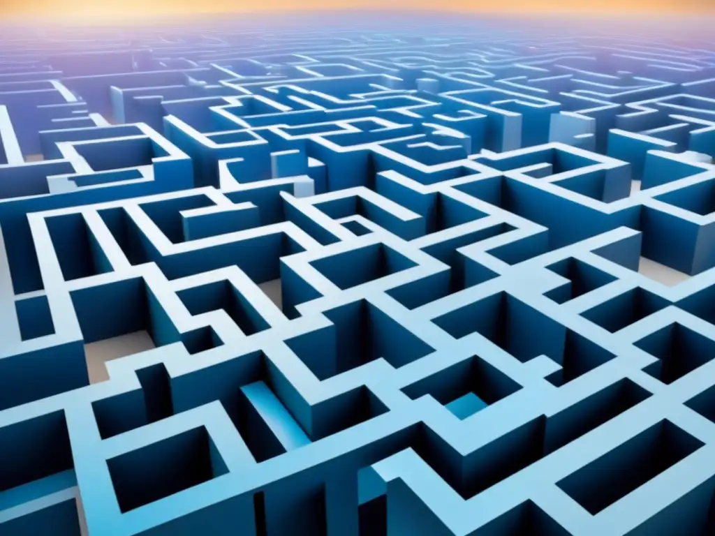 Un laberinto digital futurista simbolizando barreras en M&A para inversores inmobiliarios
