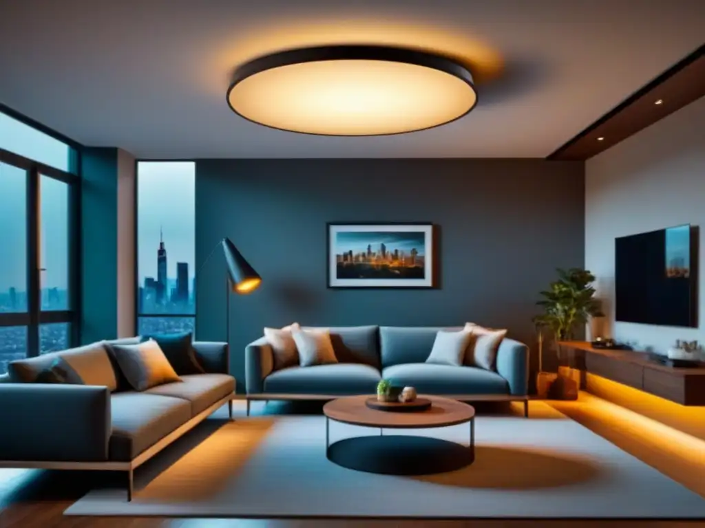 Lámpara de techo LED ajustable en sala contemporánea Una lámpara de techo moderna ilumina con paneles LED ajustables un salón contemporáneo, destacando la importancia de la mejor iluminación para renovaciones