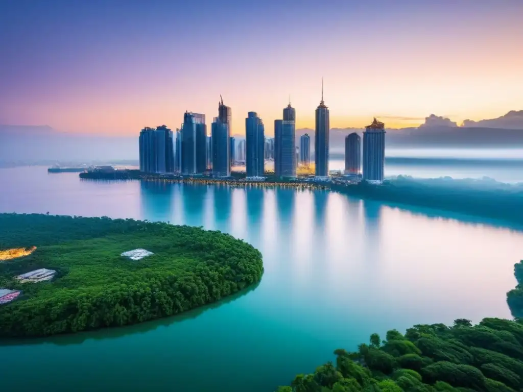 Metrópolis luminosa y serena junto al lago Legalidad de bienes raíces en zonas de conflicto: Ciudad moderna con rascacielos, lago sereno y naturaleza exuberante al atardecer