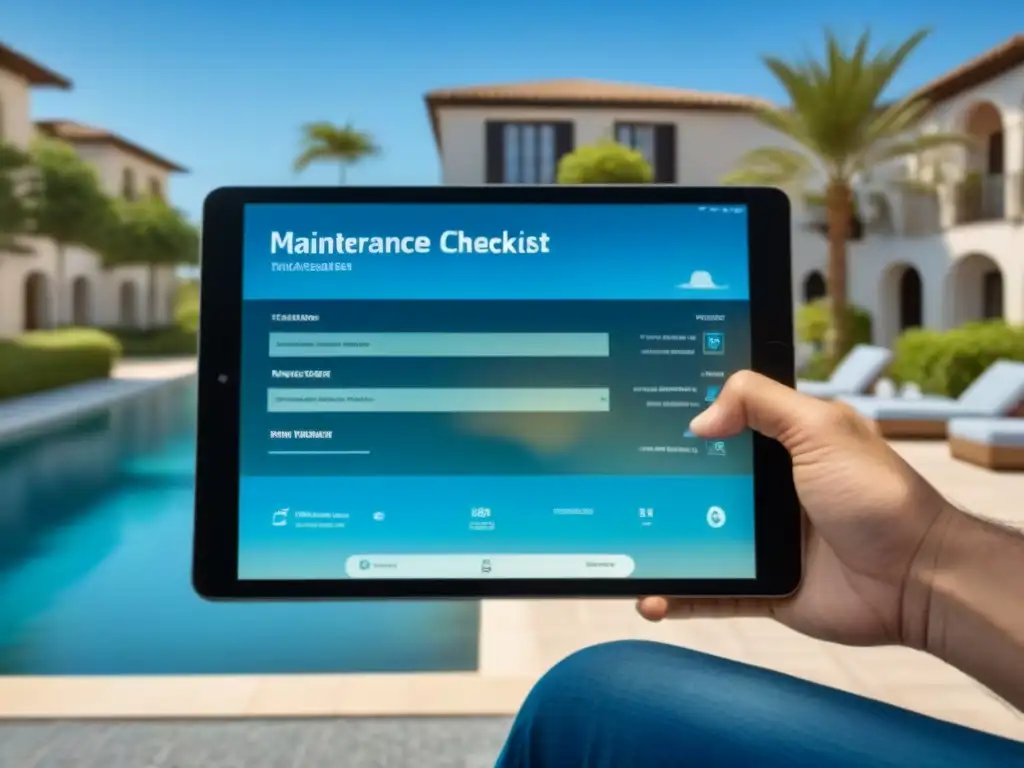 Checklist de mantenimiento para resorts de lujo en tablet digital Lista de mantenimiento moderna en tableta digital en resort de lujo