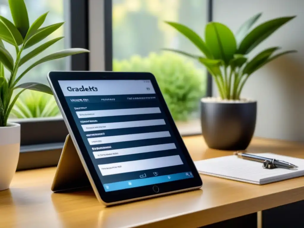 Lista de mantenimiento de propiedad de lujo en tablet digital Lista de mantenimiento de propiedades compartidas en tablet digital, rodeada de plantas y elegante decoración en oficina en casa soleada