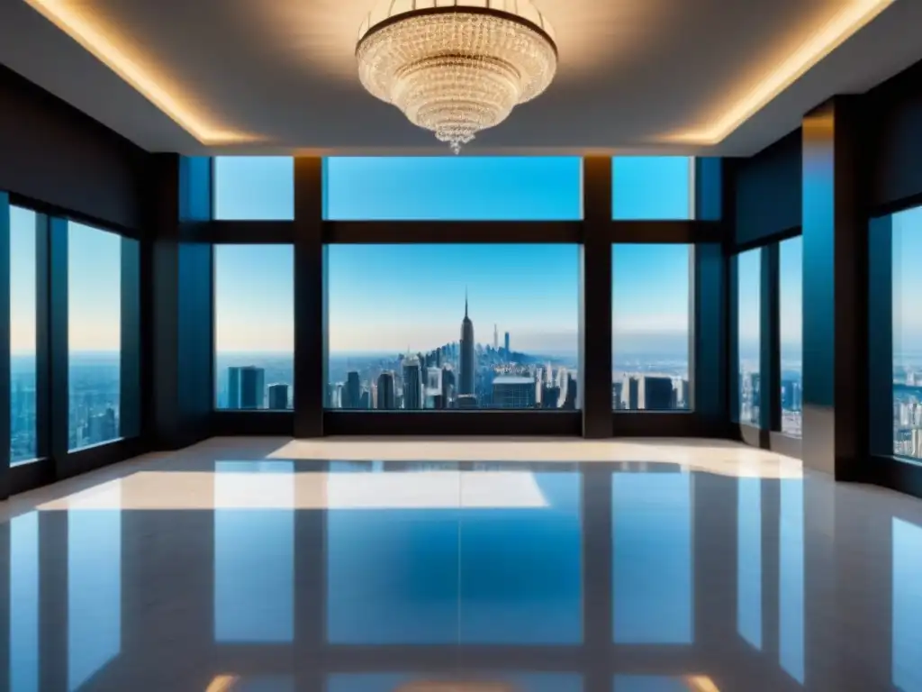 Vestíbulo de apartamento de lujo: elegancia y modernidad Un lobby de apartamento lujoso y moderno, con suelos de mármol, muebles contemporáneos y una imponente araña