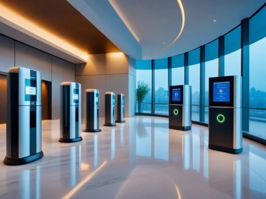 Vanguardia en automatización: lobby de oficina moderno y eficiente Un lobby de edificio moderno con automatización administración propiedades inmobiliarias