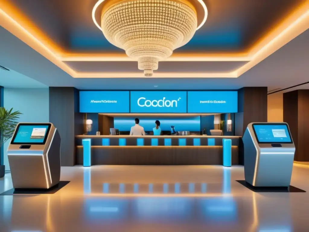Recepción de hotel futurista y tecnológica Un lobby futurista de resort vacacional con Inteligencia Artificial en mercado inmobiliario