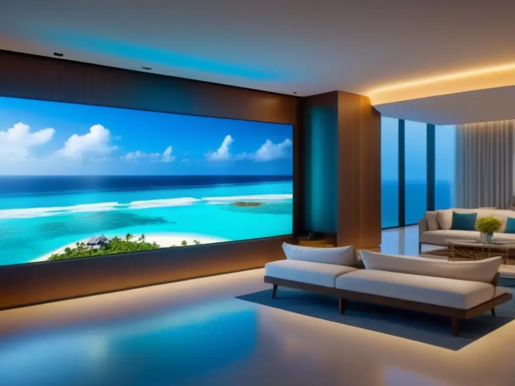 Lobby futurista con recomendaciones vacacionales personalizadas Un lobby futurista de resort vacacional con pantalla digital interactiva, reflejando Inteligencia Artificial en mercado inmobiliario